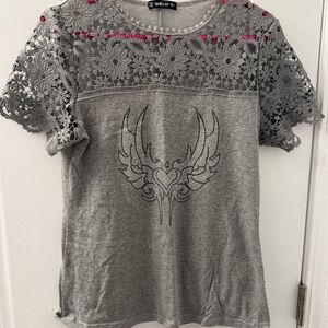 SHEILAY Women's T-Shirt, Angel Wings, Grey, Medium